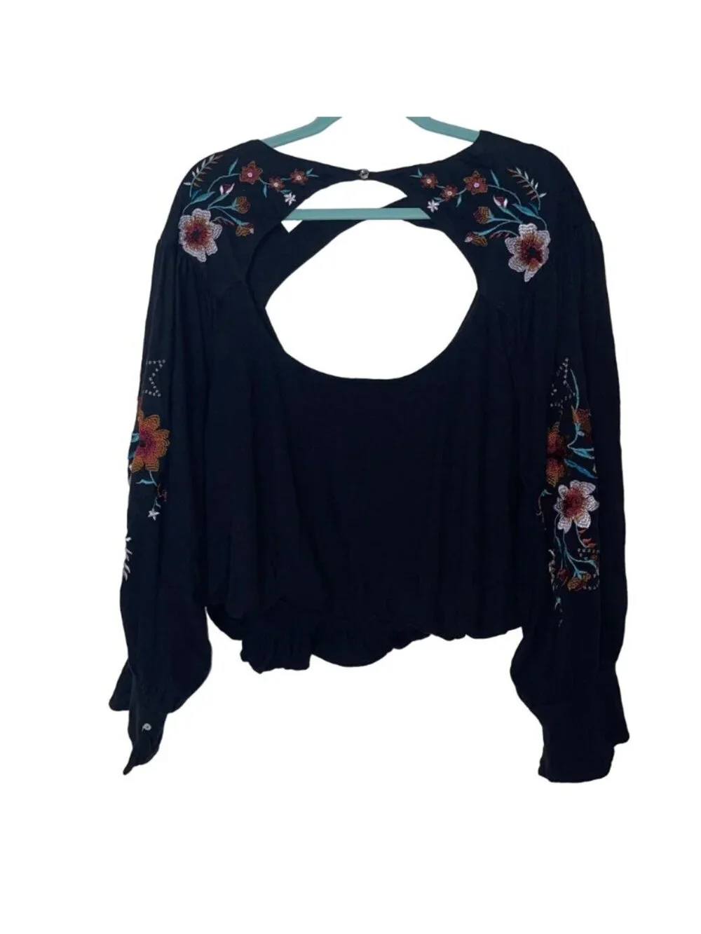 Free People Womens Lita Embroidered Top Size L Black Cut Out Bubble Hem New